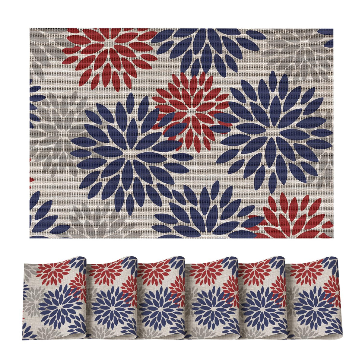 Artoid Mode Floral Vinyl Plistic Placemats Set of 6, Heat Resistant Washable Non-Slip PVC Place Mats for Party Kitchen Dining Decor, Blue Grey