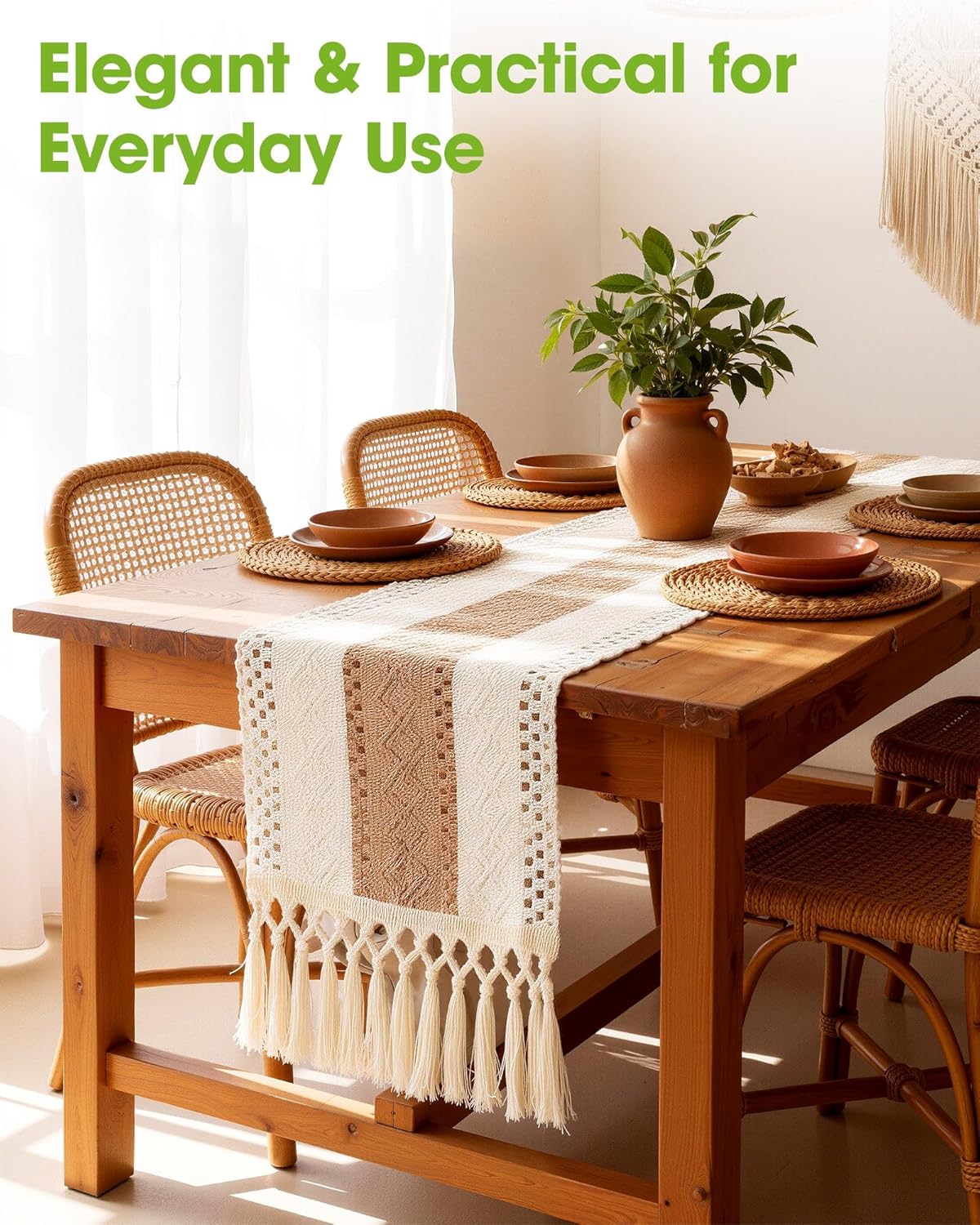 Pureegg Farmhouse Boho Table Runner 12 x 72 Inch, Brown