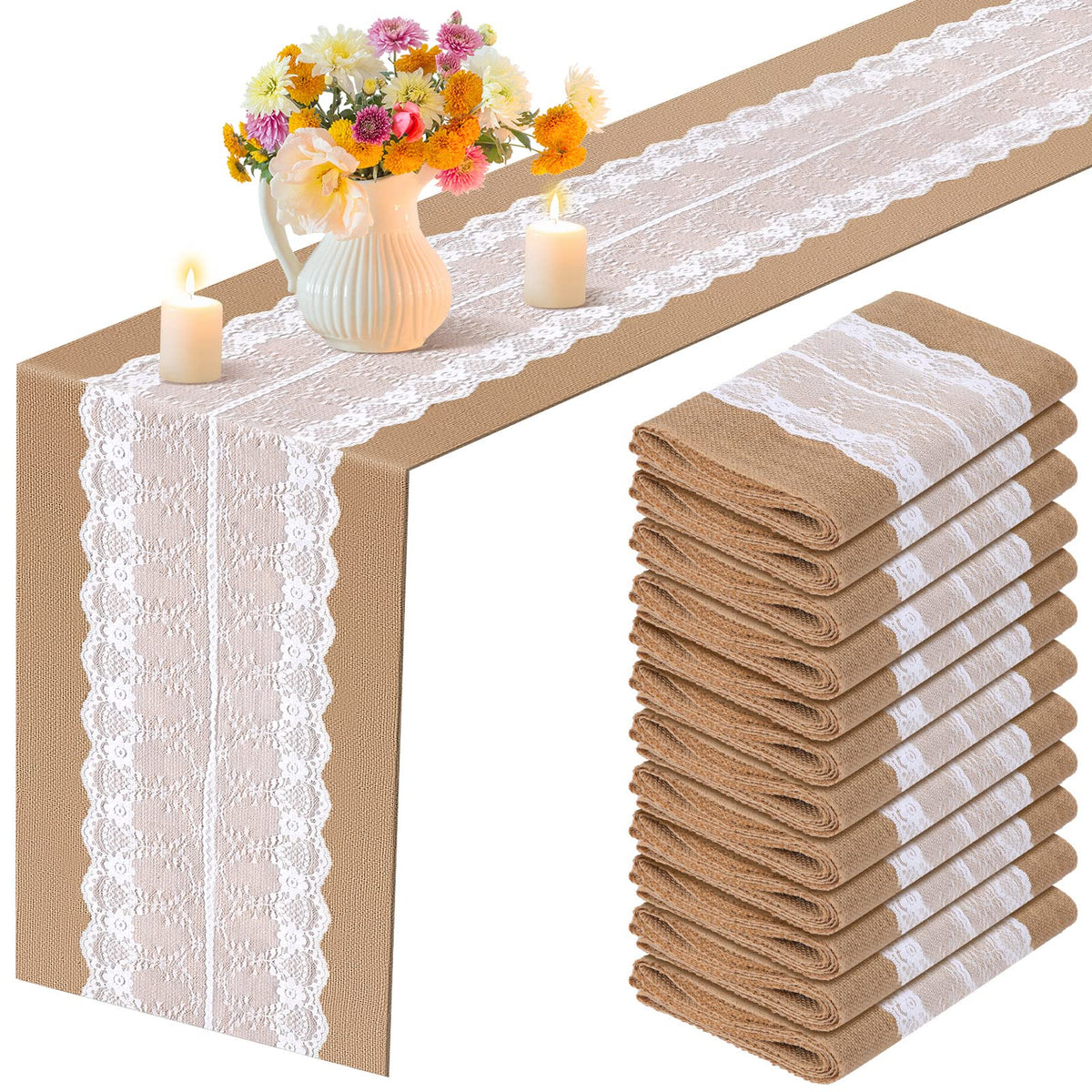 Chumia 12 Pack Burlap Table Runners with Lace 12 x 72 in, Classic Style