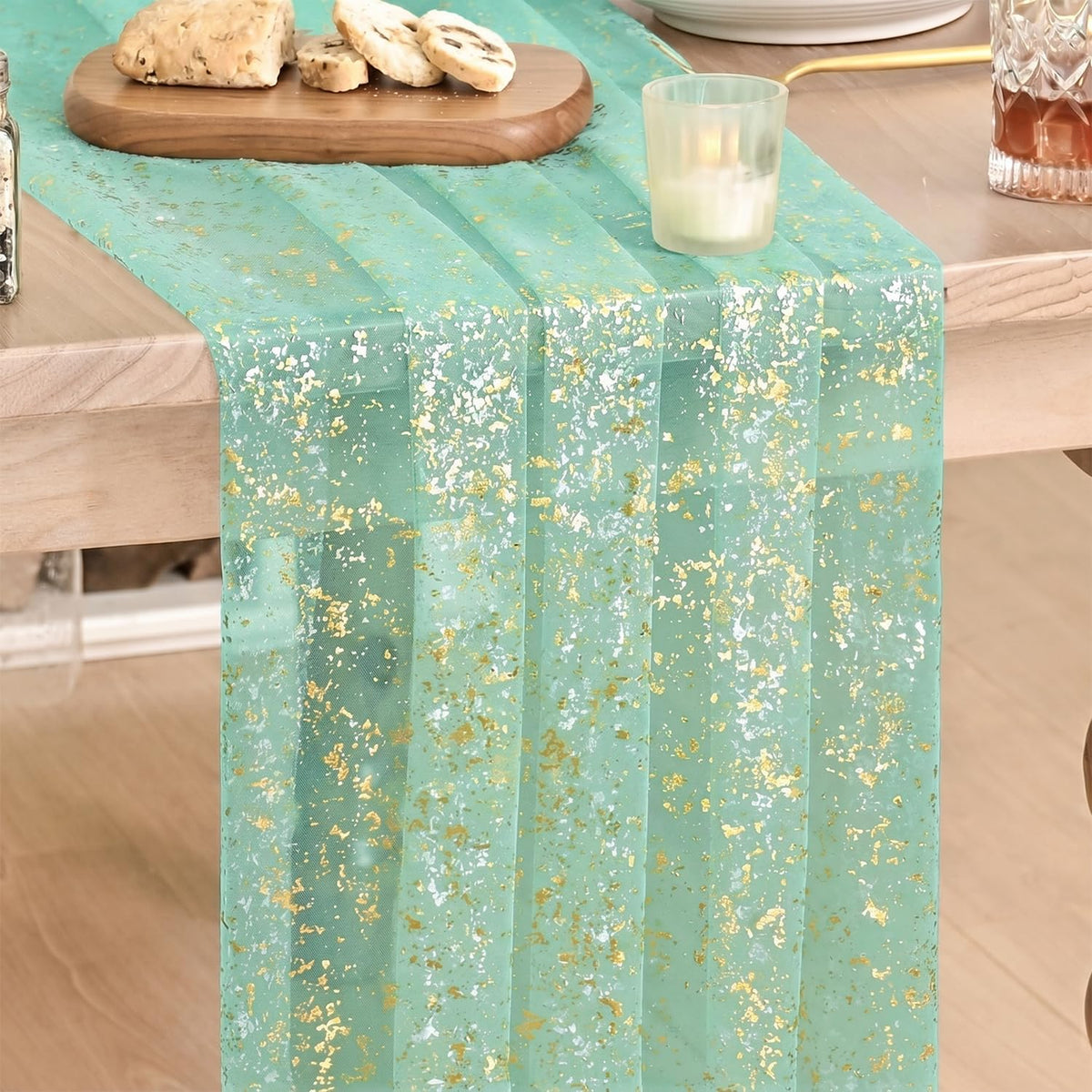 Artoid Mode 6Pcs Beige Gold Gauze Table Runner 120 Inch 10FT, Glitter Metallic Foil Sheer Dining Wedding Anniversary Holiday Birthday Table Decor for Home Party