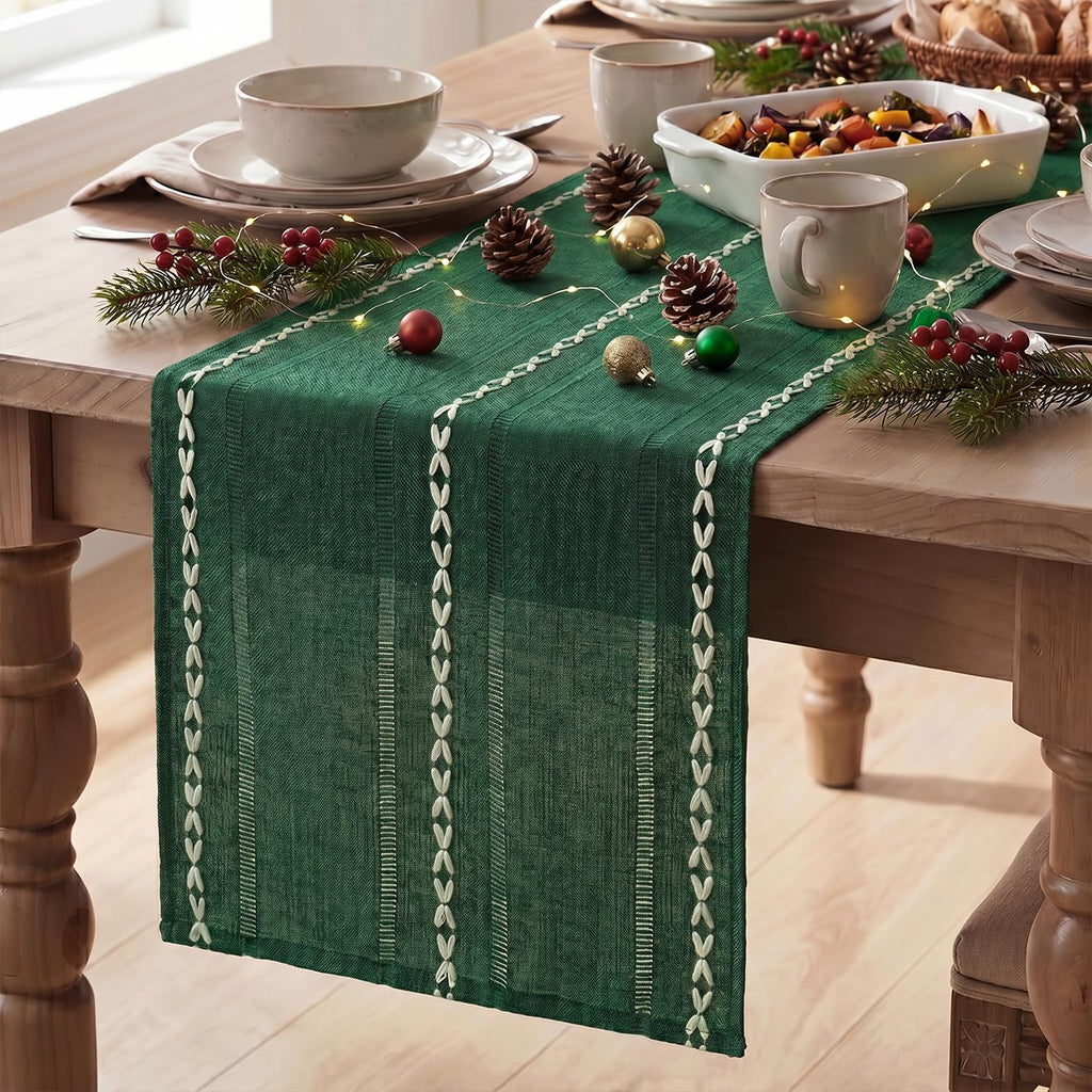 Artoid Mode Brown Rustic Cotton Linen Table Runner, Seasonal Embroidered Hollow Kitchen Dining Table Decoration for Home Party Decor 13x90 Inch