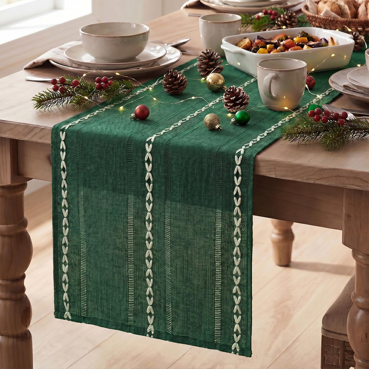 Artoid Mode Brown Rustic Cotton Linen Table Runner, Seasonal Embroidered Hollow Kitchen Dining Table Decoration for Home Party Decor 13x90 Inch