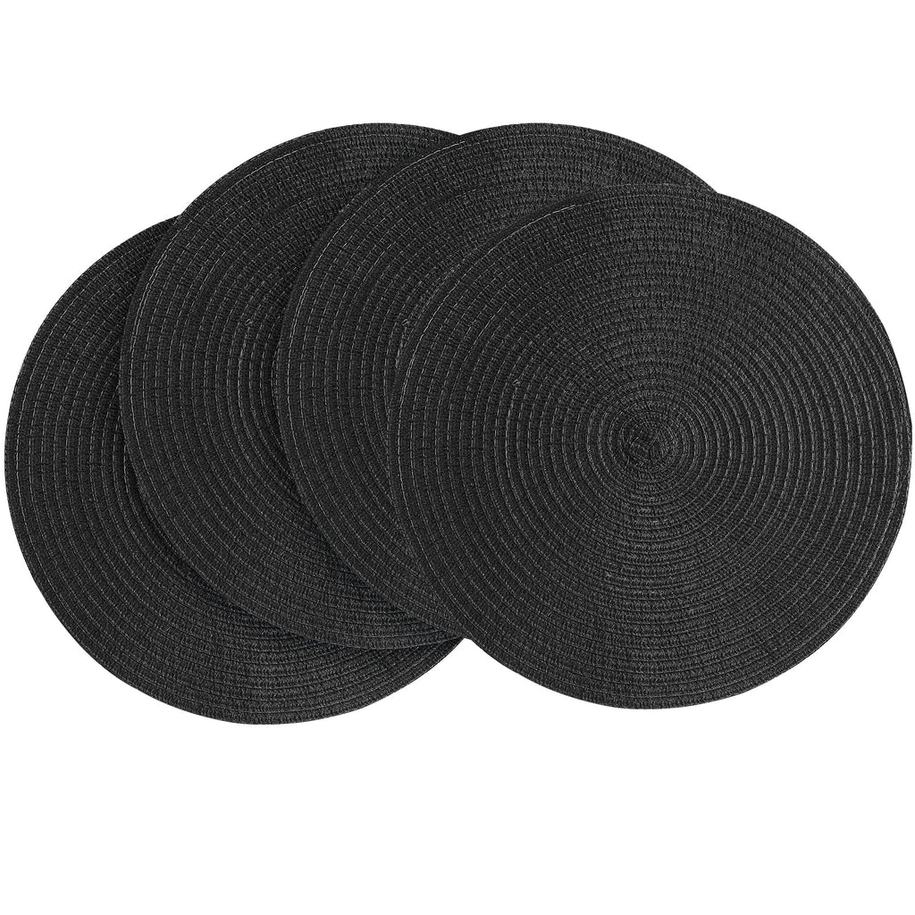 Floroom 15 Inch Round Braided Placemats Set of 4, Washable Heat Resistant Cotton Polyester Circle Place Mats for Kitchen Dining Table - Black