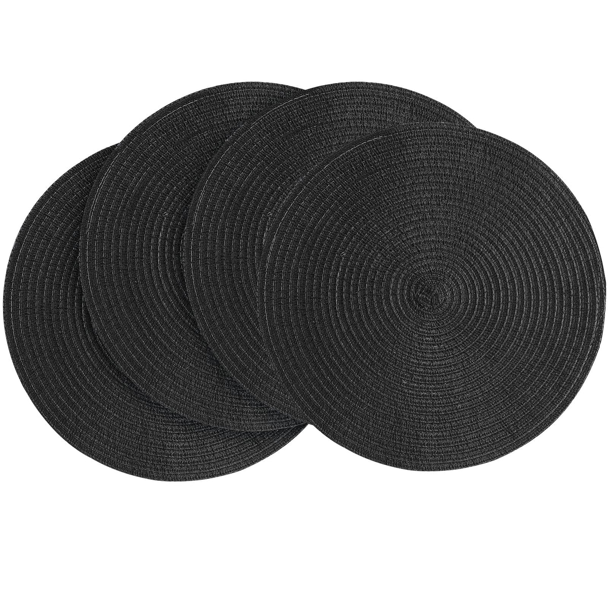 Floroom 15 Inch Round Braided Placemats Set of 4, Washable Heat Resistant Cotton Polyester Circle Place Mats for Kitchen Dining Table - Black