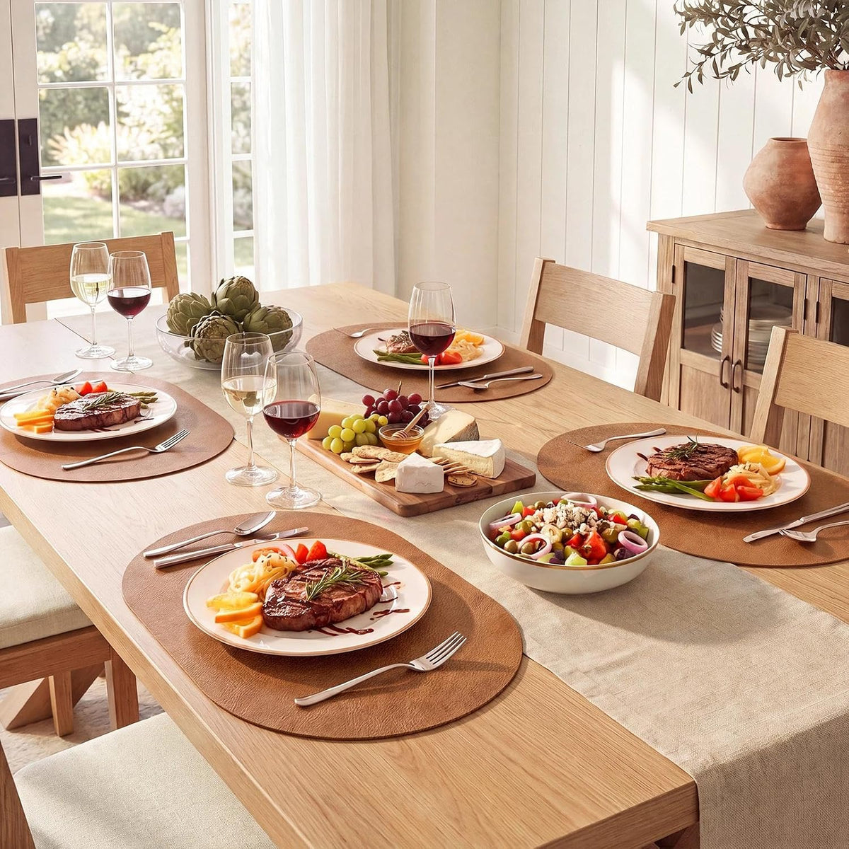 MOSAYT Vinyl Faux Leather Oval Placemats, Set of 6, Reddish Brown