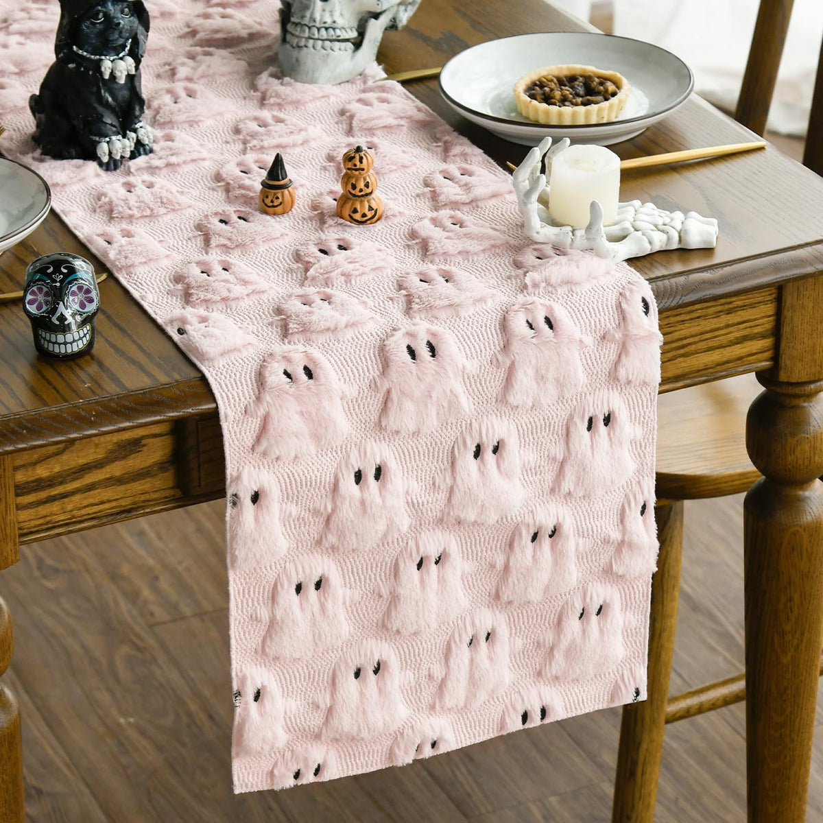 Artoid Mode Beige Soft Faux Fur Ghost Halloween Table Runner 13x72 Inch