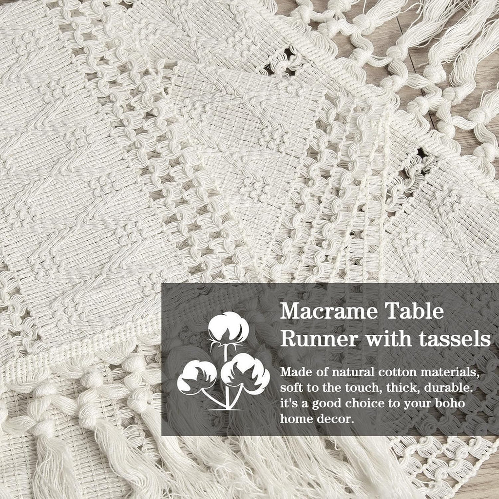 yuboo 36" Boho Macrame Table Runner, Short Cream Coffee Runner, Nightstand