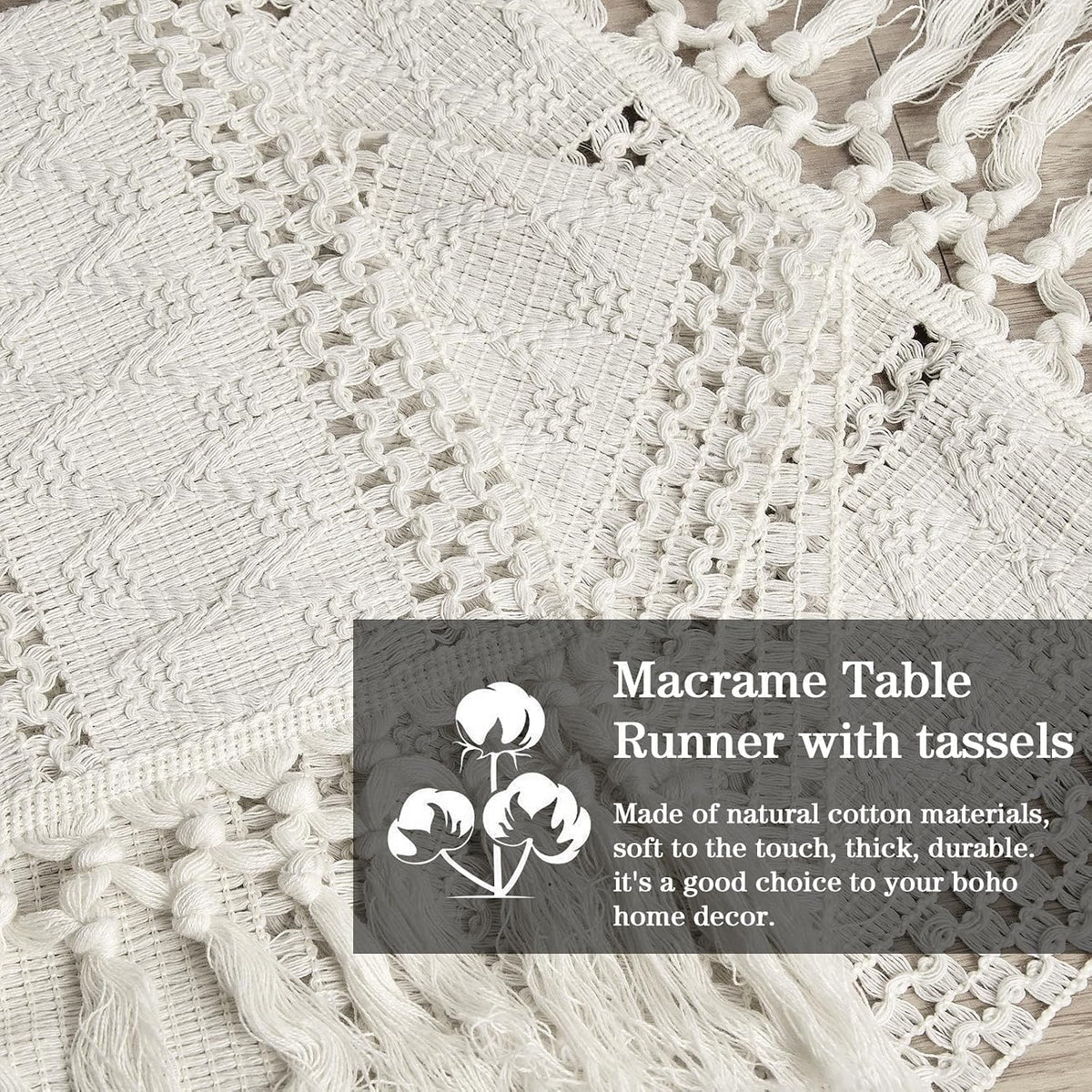 yuboo 36" Boho Macrame Table Runner, Short Cream Coffee Runner, Nightstand