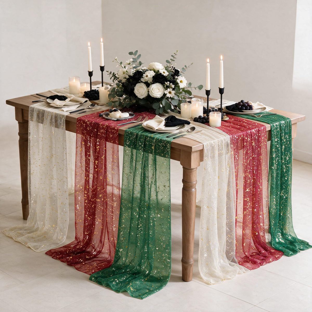 Artoid Mode 6Pcs Beige Gold Gauze Table Runner 120 Inch 10FT, Glitter Metallic Foil Sheer Dining Wedding Anniversary Holiday Birthday Table Decor for Home Party