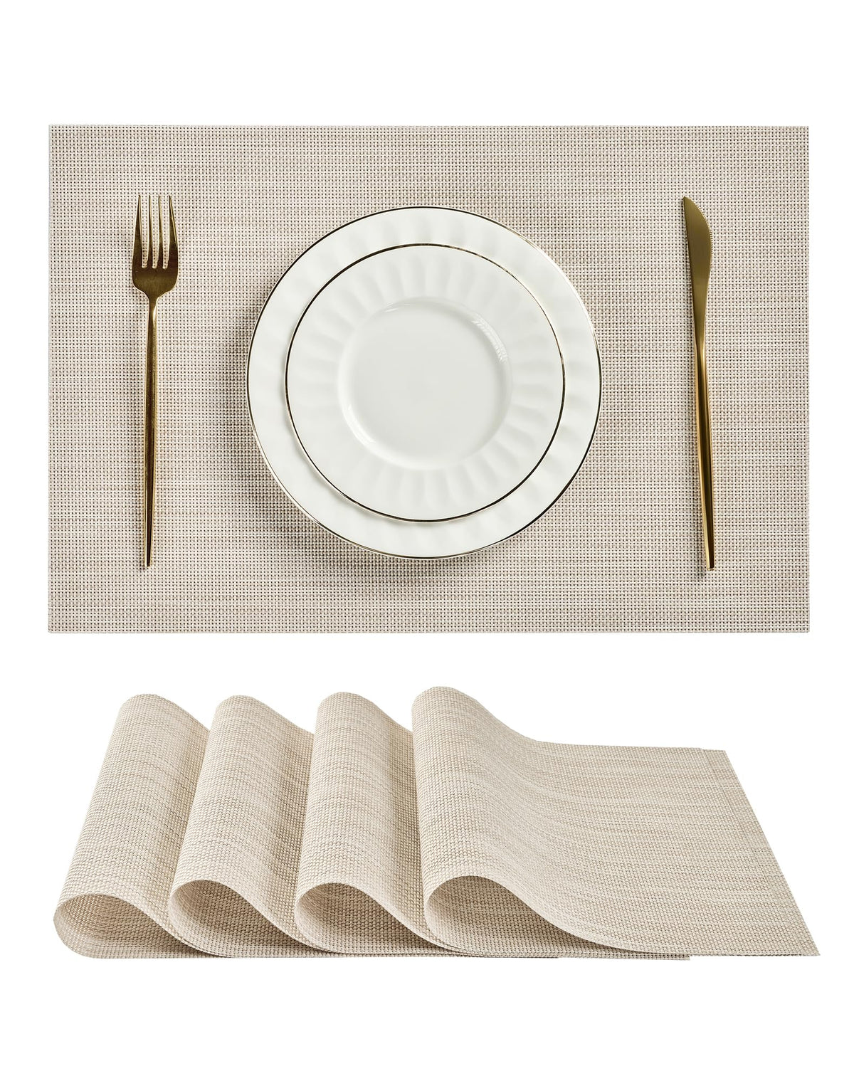 Leetaltree Beige Placemats Set of 4 - Heat-Resistant, Non-Slip Table Mats, Washable Woven Vinyl for Indoor & Outdoor Dining