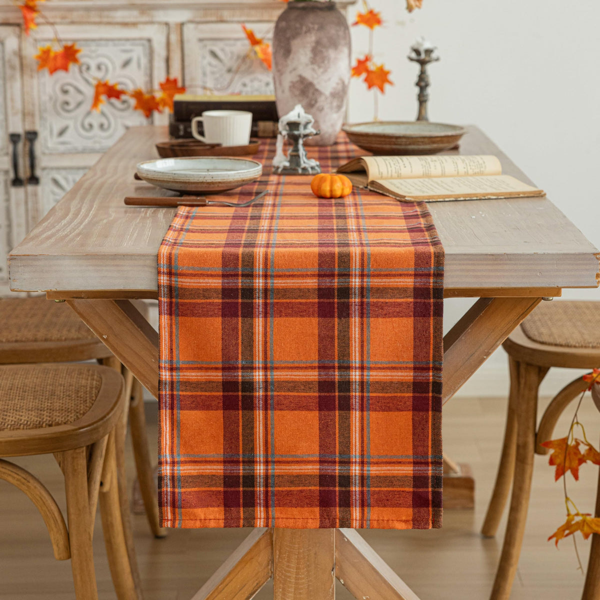 AQOTHES Plaid Fall Thanksgiving Rust Orange Table Runners 36 inches Long