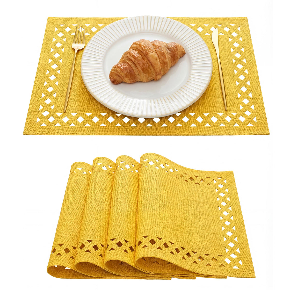Artoid Mode Farmhouse Placemats Set of 4, Linen Textured Lattice Cutwork Place Mats for Kitchen Dining Table Decor and Outdoor Party, 12 x 18 Inchs, Sage Green