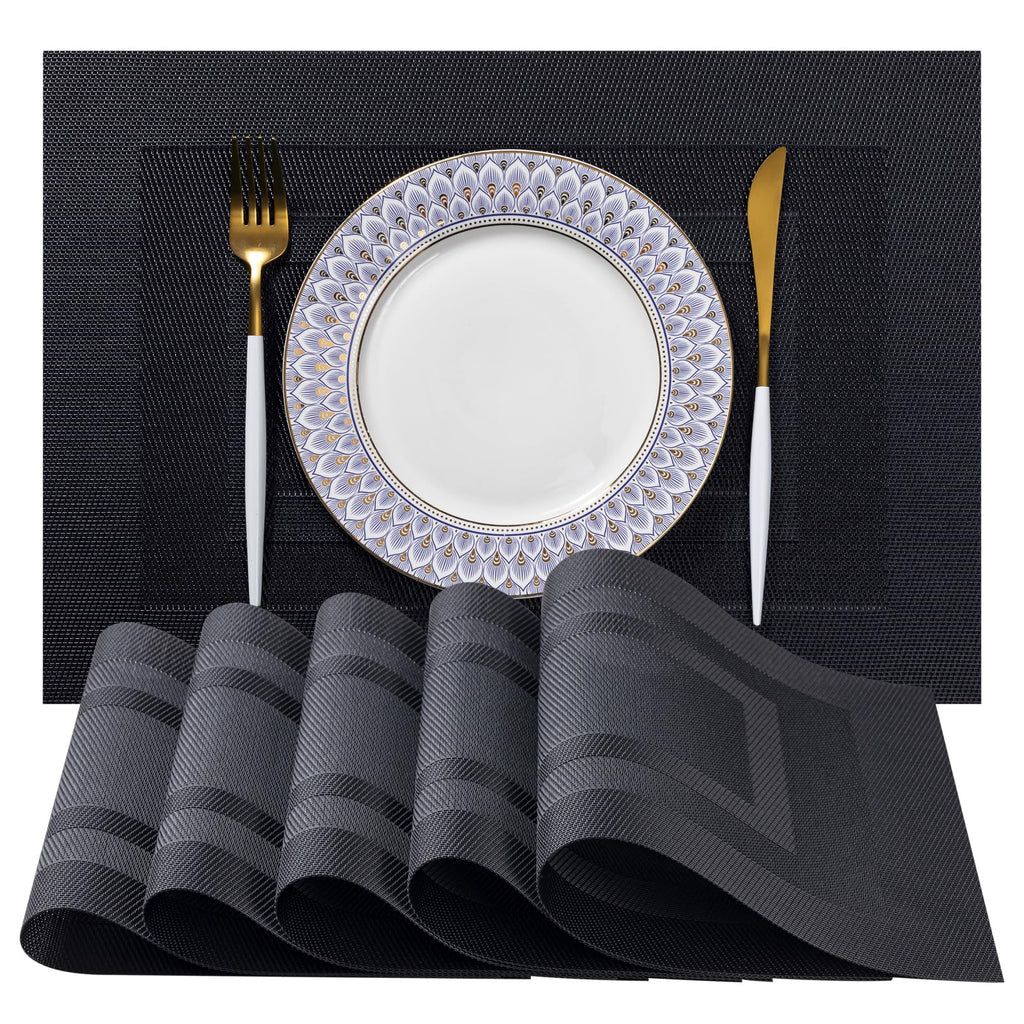 LEXMORE Placemats Set of 4 Vinyl/Plastic Woven Place Mats for Kitchen Table Indoor/Outdoor Washable Placemat Wipeable Dining Table Mats(Gray)