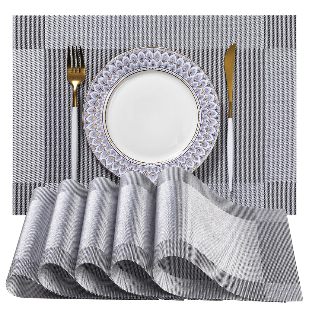 LEXMORE Placemats Set of 4 Vinyl/Plastic Woven Place Mats for Kitchen Table Indoor/Outdoor Washable Placemat Wipeable Dining Table Mats(Gray)