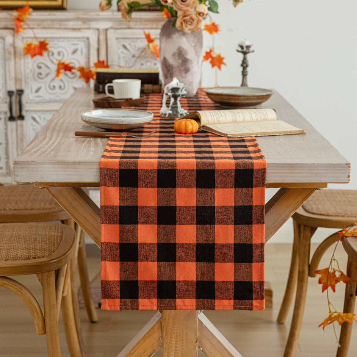 AQOTHES Plaid Fall Thanksgiving Rust Orange Table Runners 36 inches Long