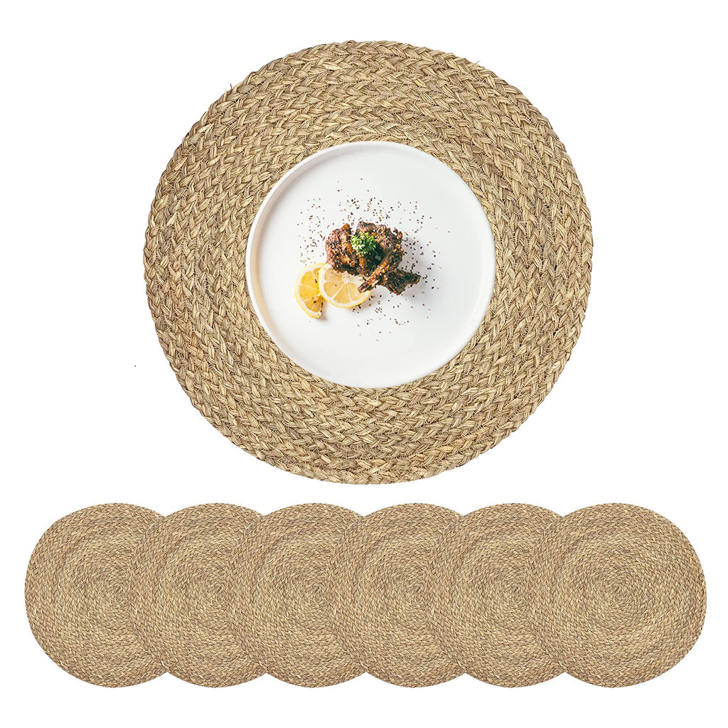 Woven Placemats Round Placemats Set of 6, 13.5 Inch Wicker Placemat Circle Rattan Placemats Farmhouse Boho Braided Natural Water Hyacinth Place Mats for Indoor & Outdoor Table Decor