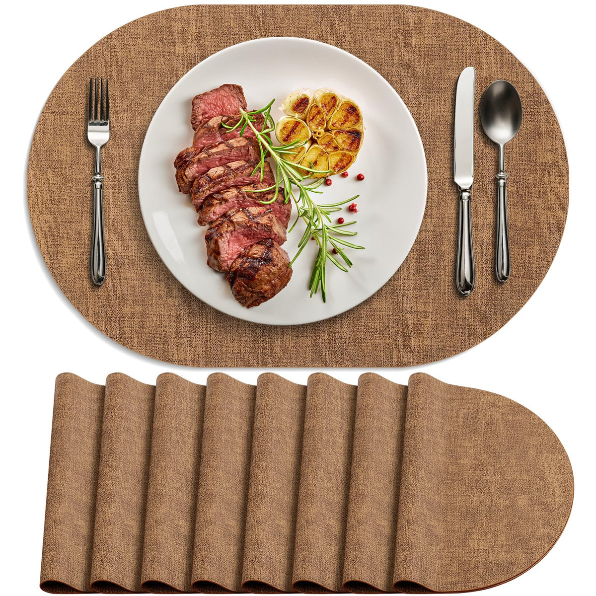 Placemats for Dining Table Set of 8 Non-Slip, Heat Resistant Oval Leather Placemat Double Layer, Waterproof Table Mats Easy to Clean for Kitchen Dining Room Coffee Office Table, Beige