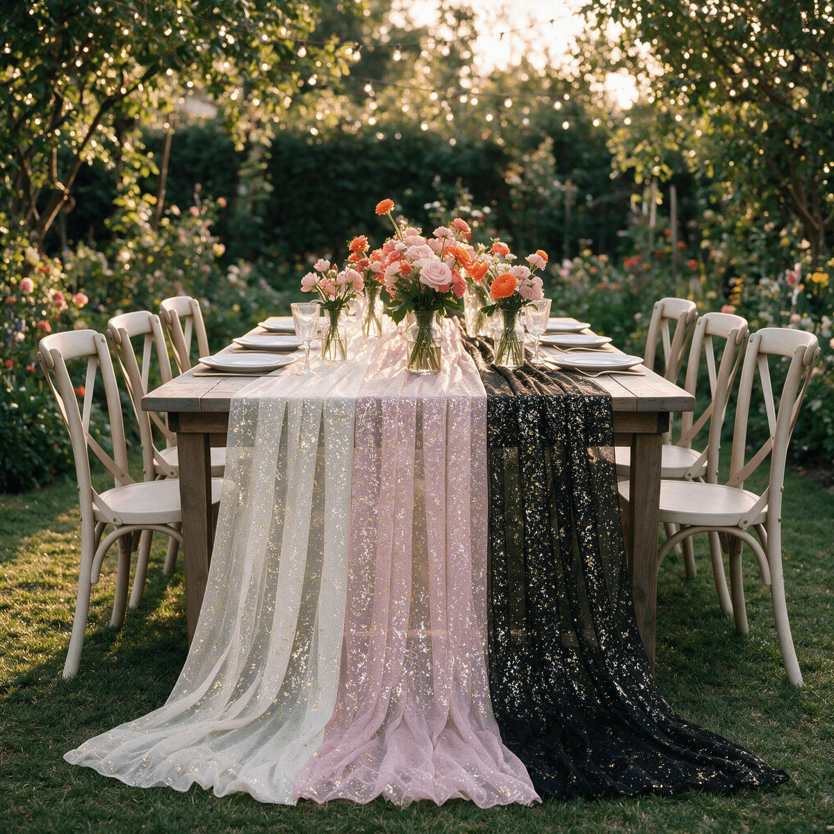 Artoid Mode 6Pcs Beige Gold Gauze Table Runner 120 Inch 10FT, Glitter Metallic Foil Sheer Dining Wedding Anniversary Holiday Birthday Table Decor for Home Party