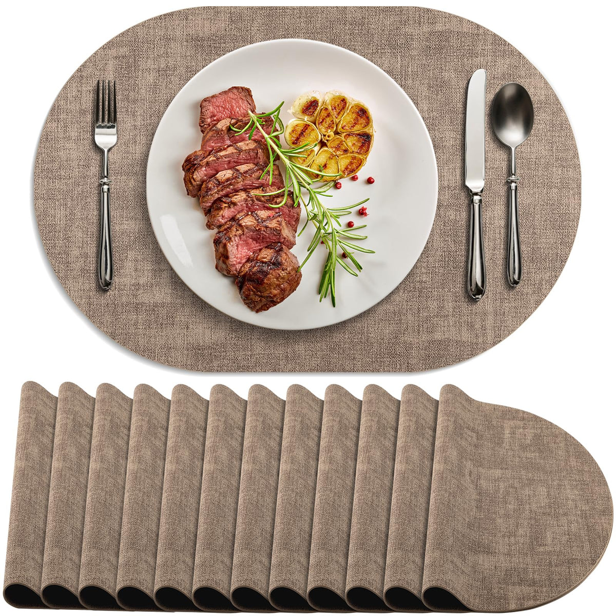 Placemats for Dining Table Set of 8 Non-Slip, Heat Resistant Oval Leather Placemat Double Layer, Waterproof Table Mats Easy to Clean for Kitchen Dining Room Coffee Office Table, Beige