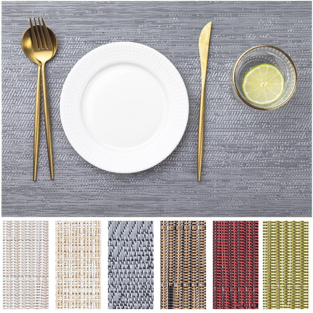 LEXMORE Placemats Set of 4 Vinyl/Plastic Woven Place Mats for Kitchen Table Indoor/Outdoor Washable Placemat Wipeable Dining Table Mats(Gray)