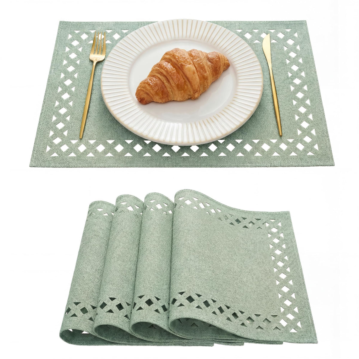 Artoid Mode Farmhouse Placemats Set of 4, Linen Textured Lattice Cutwork Place Mats for Kitchen Dining Table Decor and Outdoor Party, 12 x 18 Inchs, Sage Green