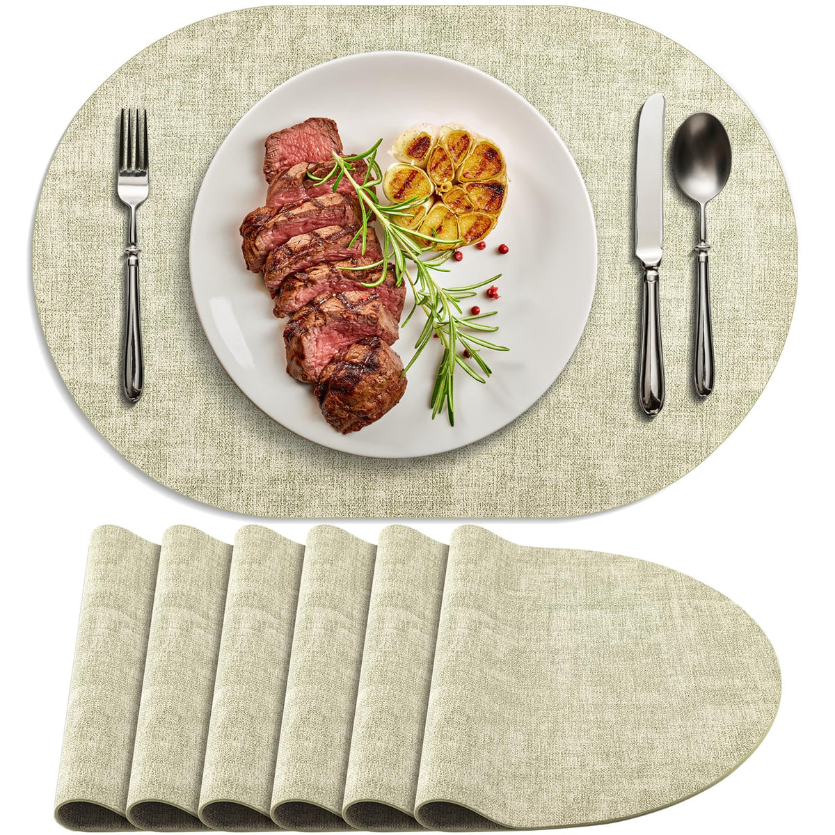 Placemats for Dining Table Set of 8 Non-Slip, Heat Resistant Oval Leather Placemat Double Layer, Waterproof Table Mats Easy to Clean for Kitchen Dining Room Coffee Office Table, Beige