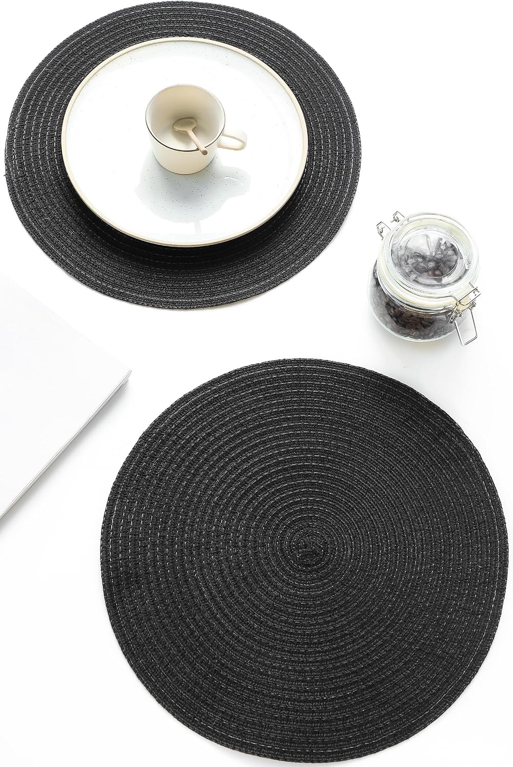 Floroom 15 Inch Round Braided Placemats Set of 4, Washable Heat Resistant Cotton Polyester Circle Place Mats for Kitchen Dining Table - Black