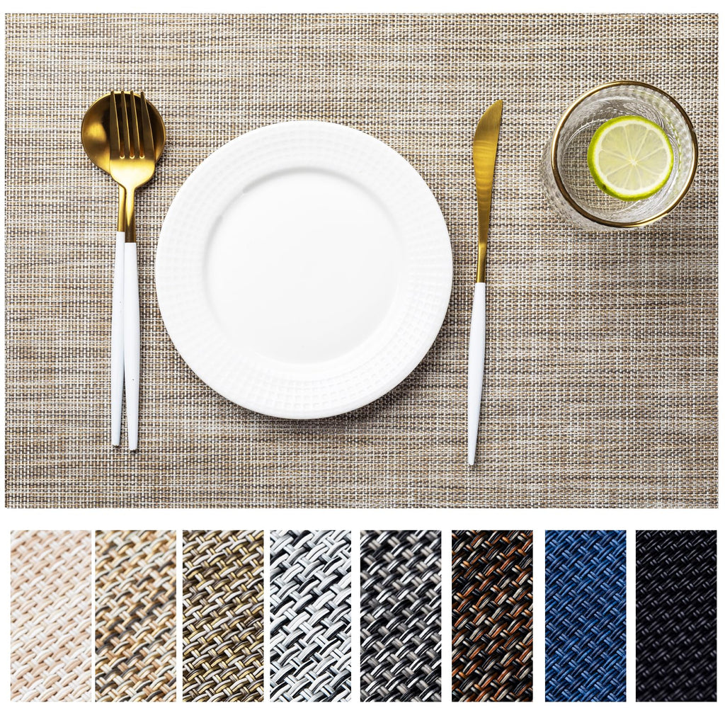 LEXMORE Placemats Set of 4 Vinyl/Plastic Woven Place Mats for Kitchen Table Indoor/Outdoor Washable Placemat Wipeable Dining Table Mats(Gray)
