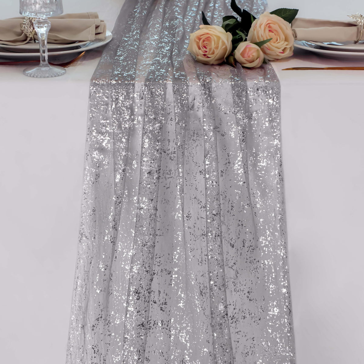 Snowkingdom 6Pcs 10 Ft Gold Table Runners, Sheer Chiffon Tulle Cheesecloth Golden Sequin Glitter Metallic Foil, Gold Party Table Decoration Centerpiece for Wedding Birthday Anniversary Christmas