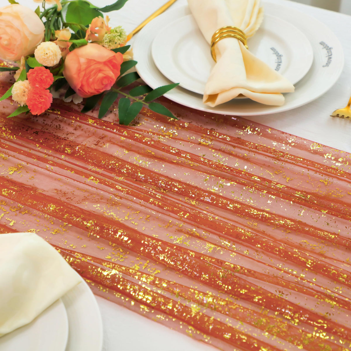 Snowkingdom 6Pcs 10 Ft Gold Table Runners, Sheer Chiffon Tulle Cheesecloth Golden Sequin Glitter Metallic Foil, Gold Party Table Decoration Centerpiece for Wedding Birthday Anniversary Christmas