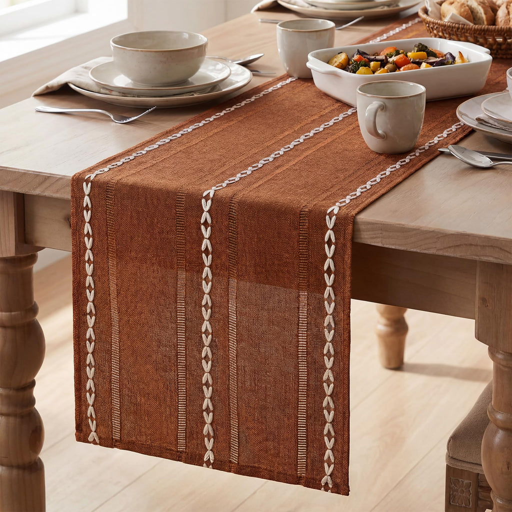 Artoid Mode Brown Rustic Cotton Linen Table Runner, Seasonal Embroidered Hollow Kitchen Dining Table Decoration for Home Party Decor 13x90 Inch