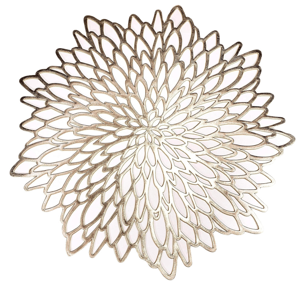 Snowkingdom 6 Pack Gold Placemats Metallic Pressed Vinyl Round Leaf Plastic Dinning Table Place Mats Fancy Decorative for Wedding Christmas Thanksgiving Holiday Spring Outdoor