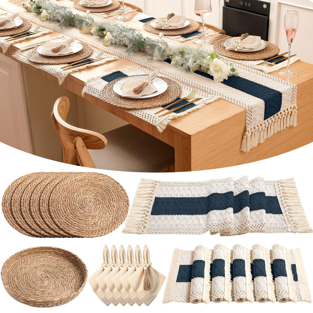 6 Sets Dining Table Decoration Boho Placemat, Khaki, 12x72