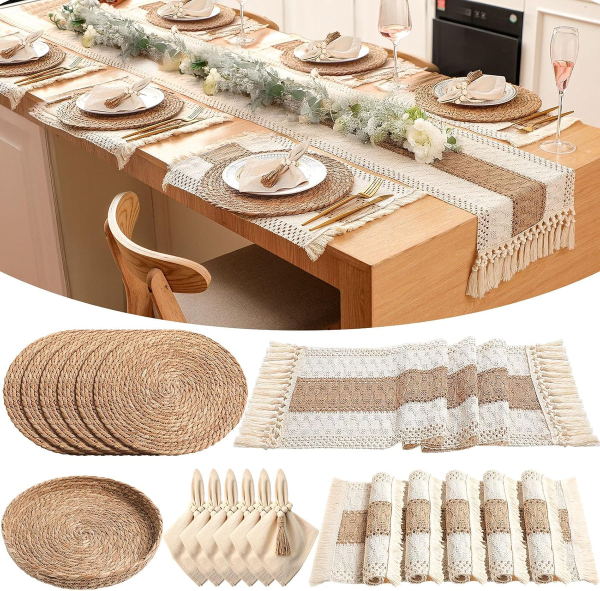 6 Sets Dining Table Decoration Boho Placemat, Khaki, 12x72