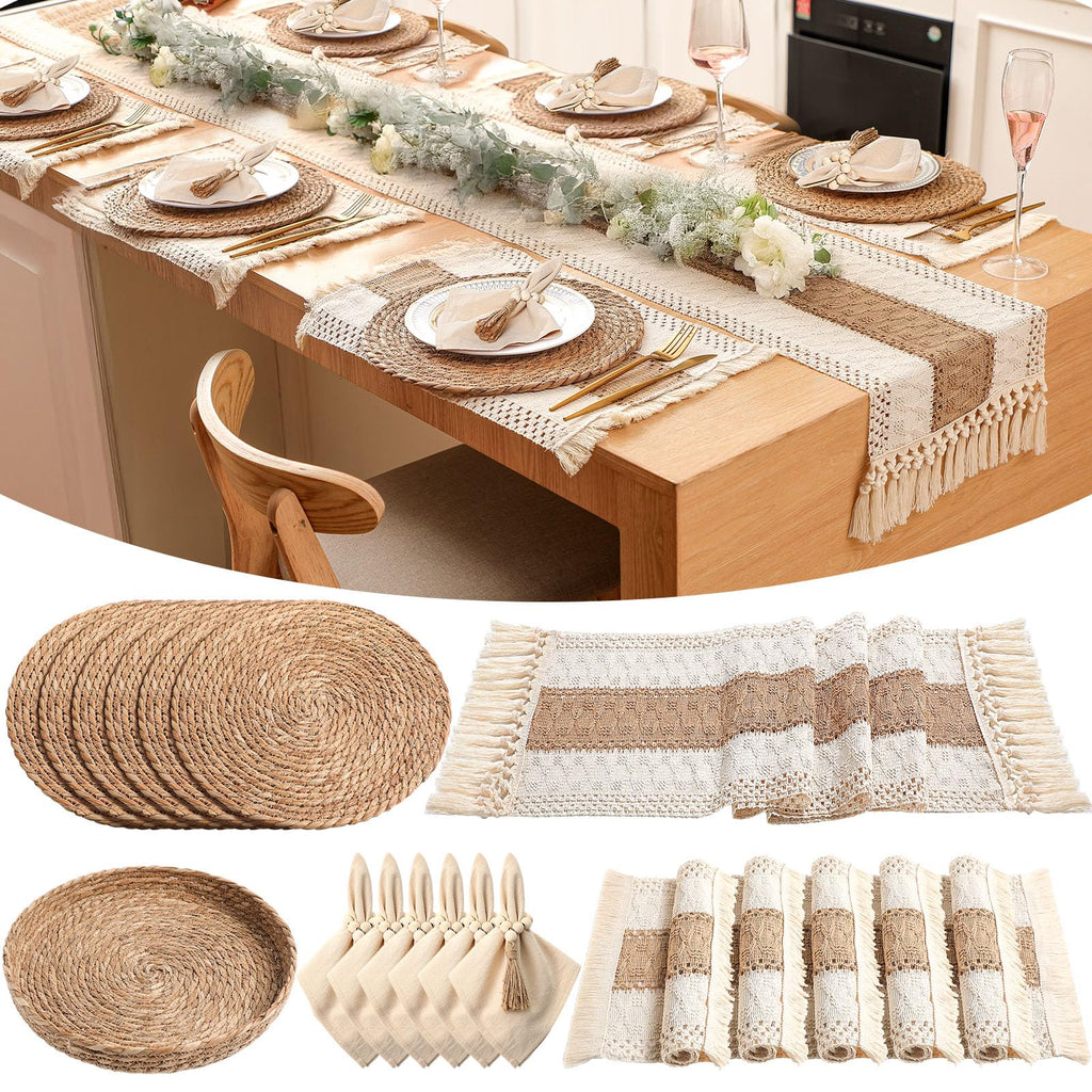 6 Sets Dining Table Decoration Boho Placemat, Khaki, 12x72