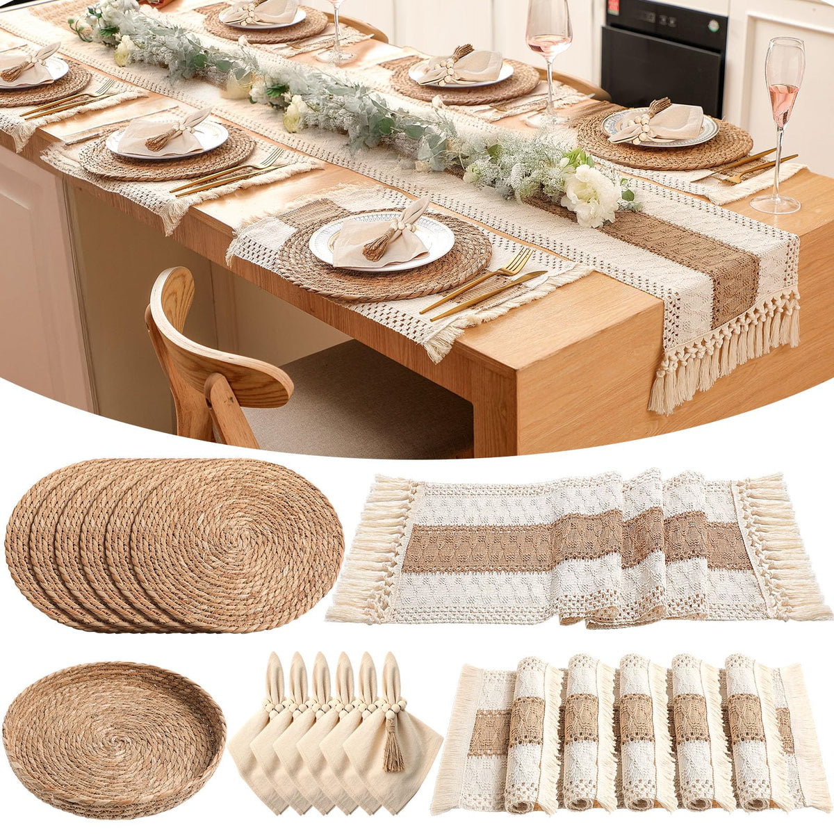 6 Sets Dining Table Decoration Boho Placemat, Khaki, 12x72
