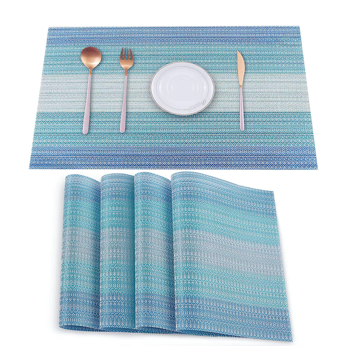 HeloHo Placemats Set of 4,Vinyl Table Place Mats Stain Resistant Foldable Placemats Washable Wipeable Placemat for Kitchen Dining Table Decoration Indoor Outdoor（Blue）