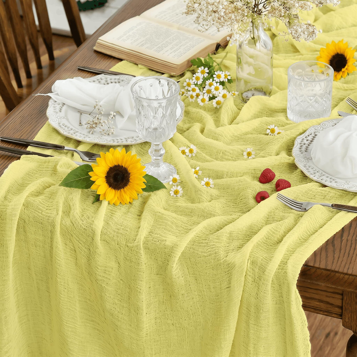 Artoid Mode Boho Forest Green 10Pcs Cheesecloth Gauze Table Runner, 120 Inch Seasonal Fabric Kitchen Dining Holiday Table Decor for Home Party Indoor