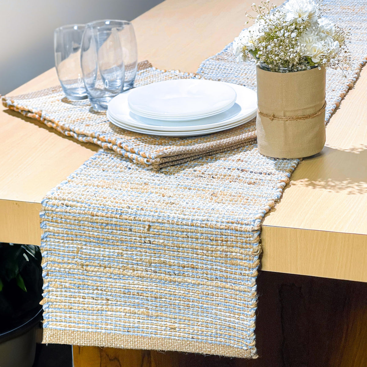 Chardin Home Natural Jute & Aqua Turquoise Placemats, Set of 4 – Rustic Handmade Boho Table Mats, 13x19 in Dining Table Placemats - Kitchen, Everyday Meals, Holidays, Farmhouse or Modern Table Décor