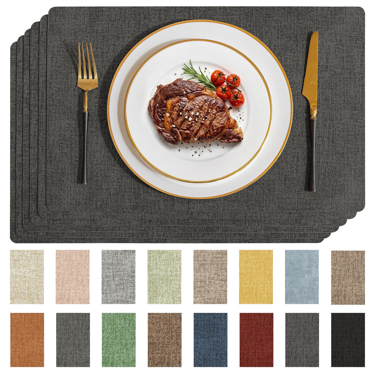 Romanstile Faux Leather Vinyl Placemats Set of 6, Light Grey
