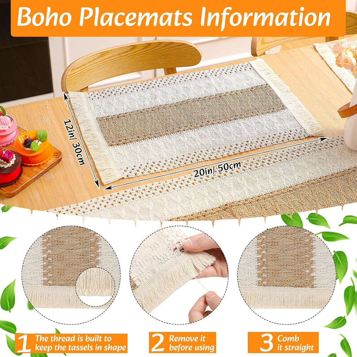 6 Sets Dining Table Decoration Boho Placemat, Khaki, 12x72