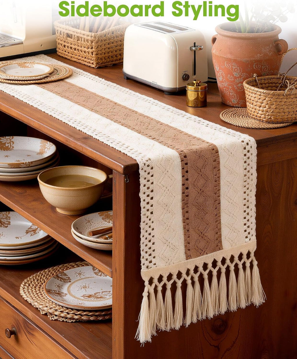 Pureegg Farmhouse Boho Table Runner 12 x 72 Inch, Brown