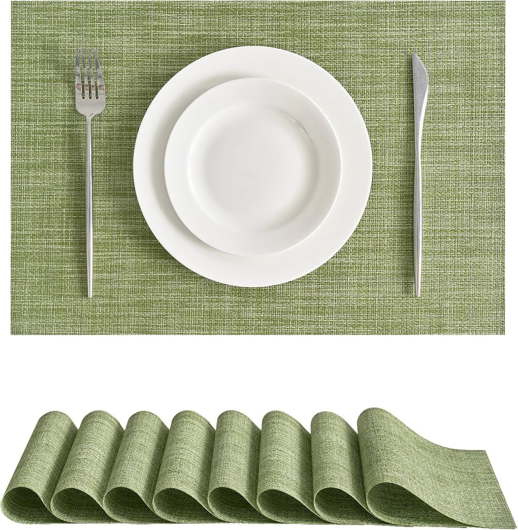 Leetaltree Bean Green Woven Placemats Set of 8 - Heat Resistant Non-Slip Place Mats for Dining Table, Washable Durable PVC Table Mats(Bean Green, 8)