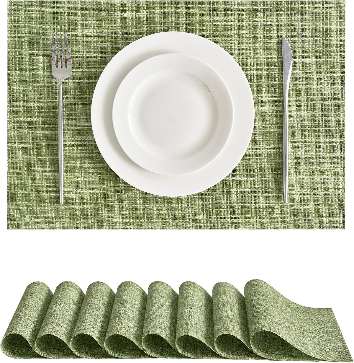 Leetaltree Bean Green Woven Placemats Set of 8 - Heat Resistant Non-Slip Place Mats for Dining Table, Washable Durable PVC Table Mats(Bean Green, 8)