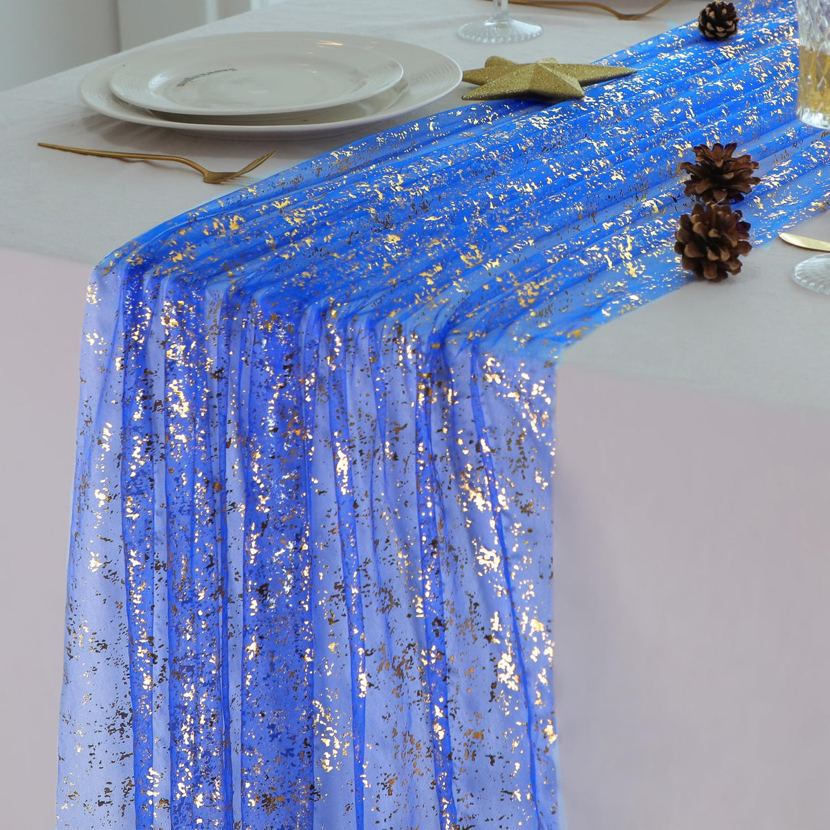 Snowkingdom 6Pcs 10 Ft Gold Table Runners, Sheer Chiffon Tulle Cheesecloth Golden Sequin Glitter Metallic Foil, Gold Party Table Decoration Centerpiece for Wedding Birthday Anniversary Christmas