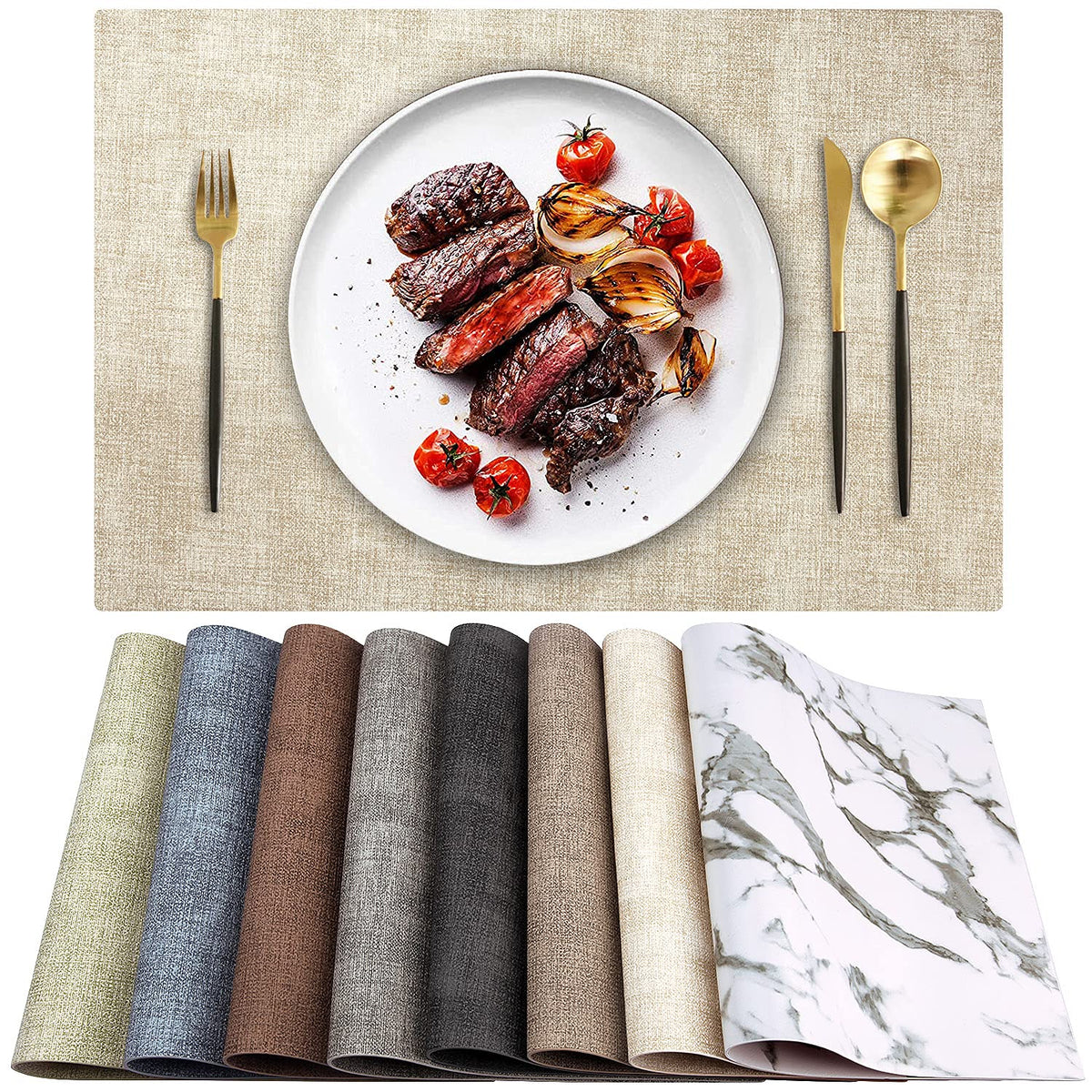 Leather Heat Resistant Placemats Set of 6 Waterproof Wipeable Washable PU Table Mats,Easy to Clean Anti-Slip (6, Blue)