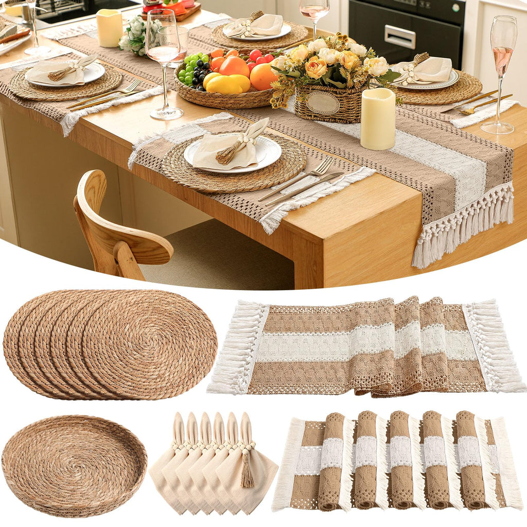 6 Sets Dining Table Decoration Boho Placemat, Khaki, 12x72