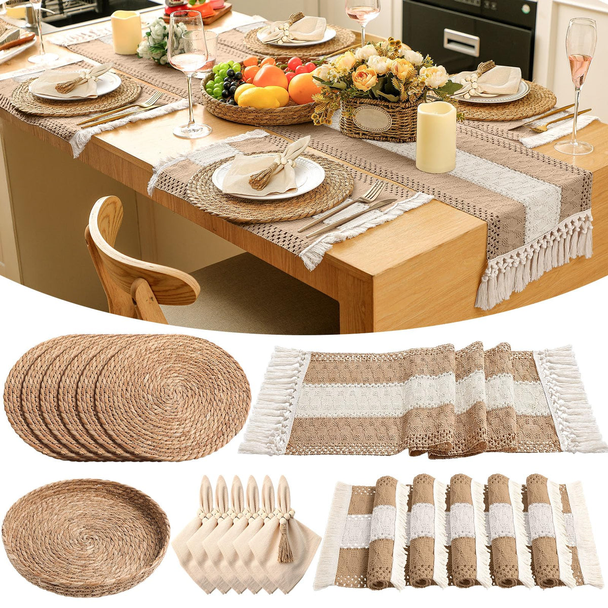 6 Sets Dining Table Decoration Boho Placemat, Khaki, 12x72