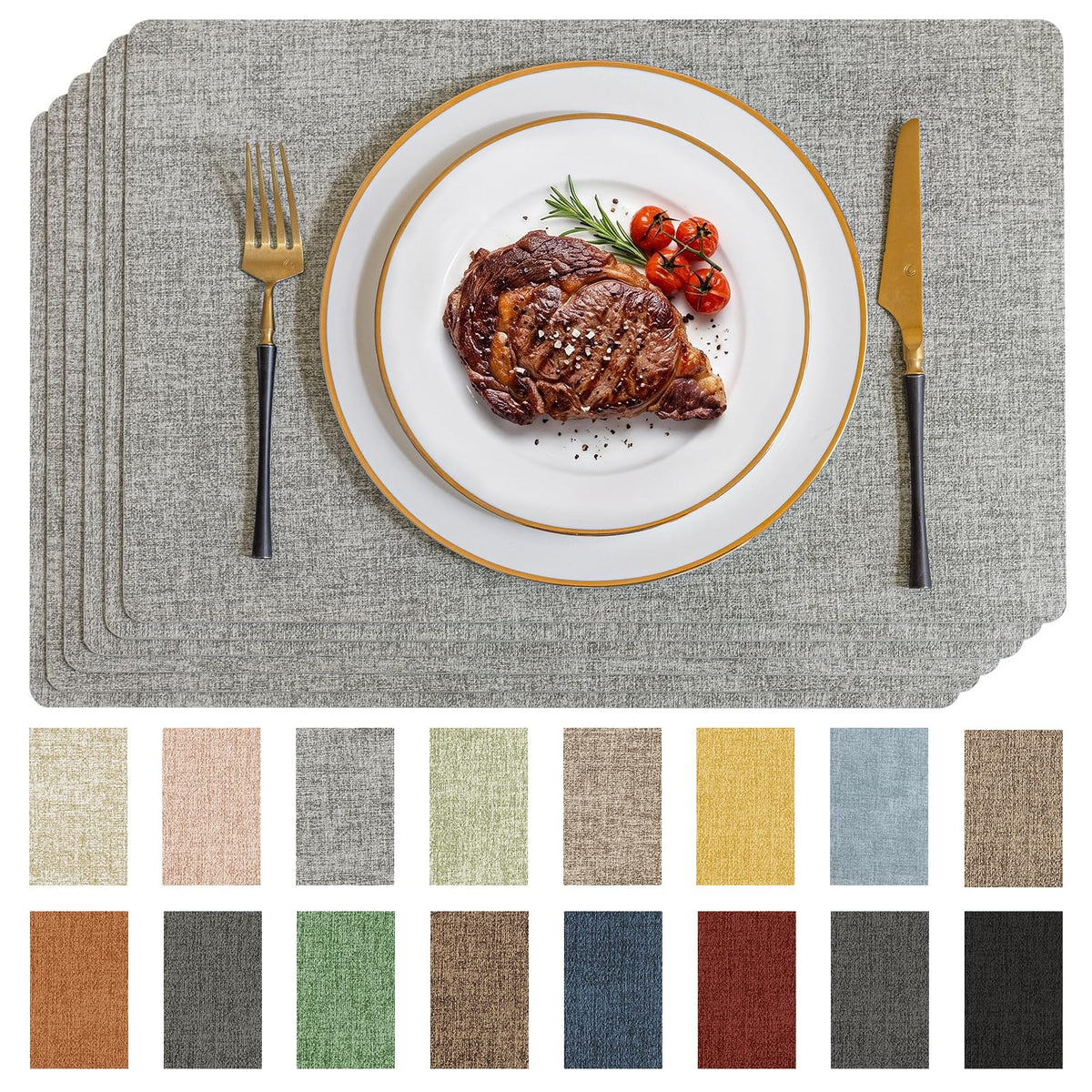 Romanstile Faux Leather Vinyl Placemats Set of 6, Light Grey