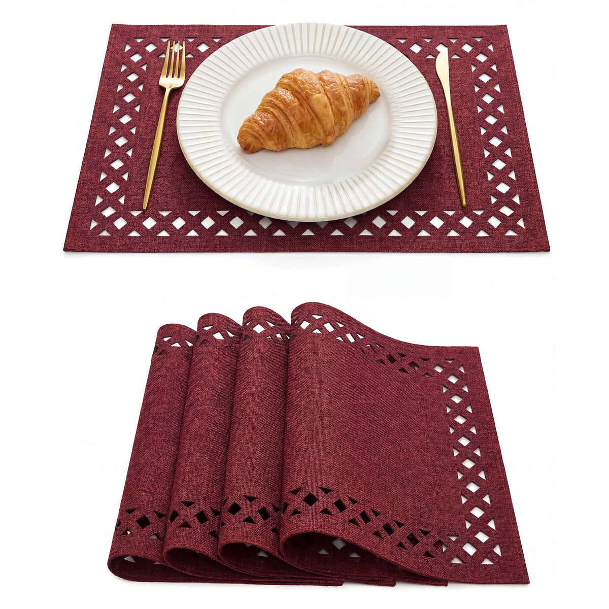 Artoid Mode Farmhouse Placemats Set of 4, Linen Textured Lattice Cutwork Place Mats for Kitchen Dining Table Decor and Outdoor Party, 12 x 18 Inchs, Sage Green